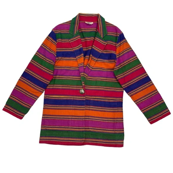 Vintage Weekend Wear 90s Striped Blanket Weave Jacket Long Western Aztec Blazer - Picture 2 of 16